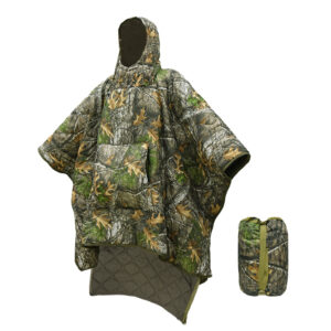 Camouflage insulated sleeping bag-poncho 1100g, transformable into a raincoat for hiking, camping and emergency situations