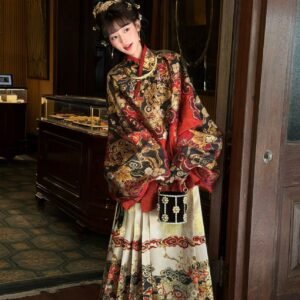 Samius Global Xuanma Qiankun Ming Dynasty Hanfu Set, Gold Woven Jacquard Pipa Sleeve Top & Heavy Pleated Mamian Skirt