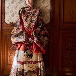 Samius Global Xuanma Qiankun Ming Dynasty Hanfu Set, Gold Woven Jacquard Pipa Sleeve Top & Heavy Pleated Mamian Skirt