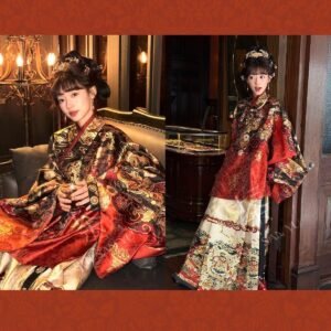 Samius Global Xuanma Qiankun Ming Dynasty Hanfu Set, Gold Woven Jacquard Pipa Sleeve Top & Heavy Pleated Mamian Skirt