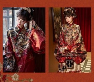 Samius Global Xuanma Qiankun Ming Dynasty Hanfu Set, Gold Woven Jacquard Pipa Sleeve Top & Heavy Pleated Mamian Skirt