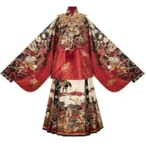 Samius Global Xuanma Qiankun Ming Dynasty Hanfu Set, Gold Woven Jacquard Pipa Sleeve Top & Heavy Pleated Mamian Skirt
