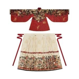 Samius Global Xuanma Qiankun Ming Dynasty Hanfu Set, Gold Woven Jacquard Pipa Sleeve Top & Heavy Pleated Mamian Skirt