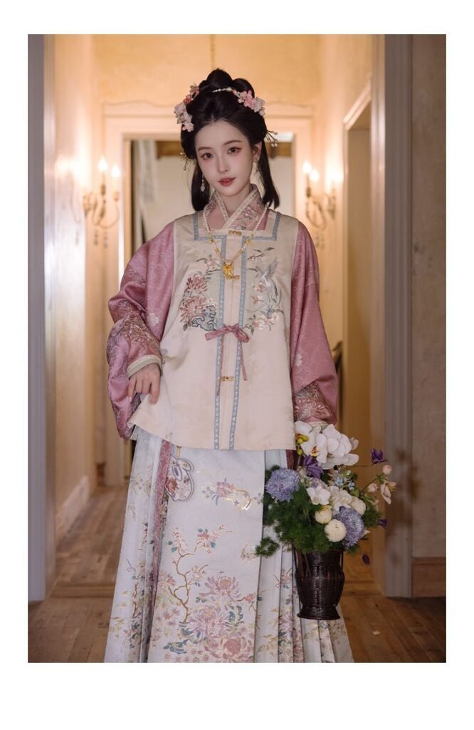 Frost Pink Ming Dynasty Hanfu, pipa sleeve blouse, embroidered vest and woven gold horse face skirt