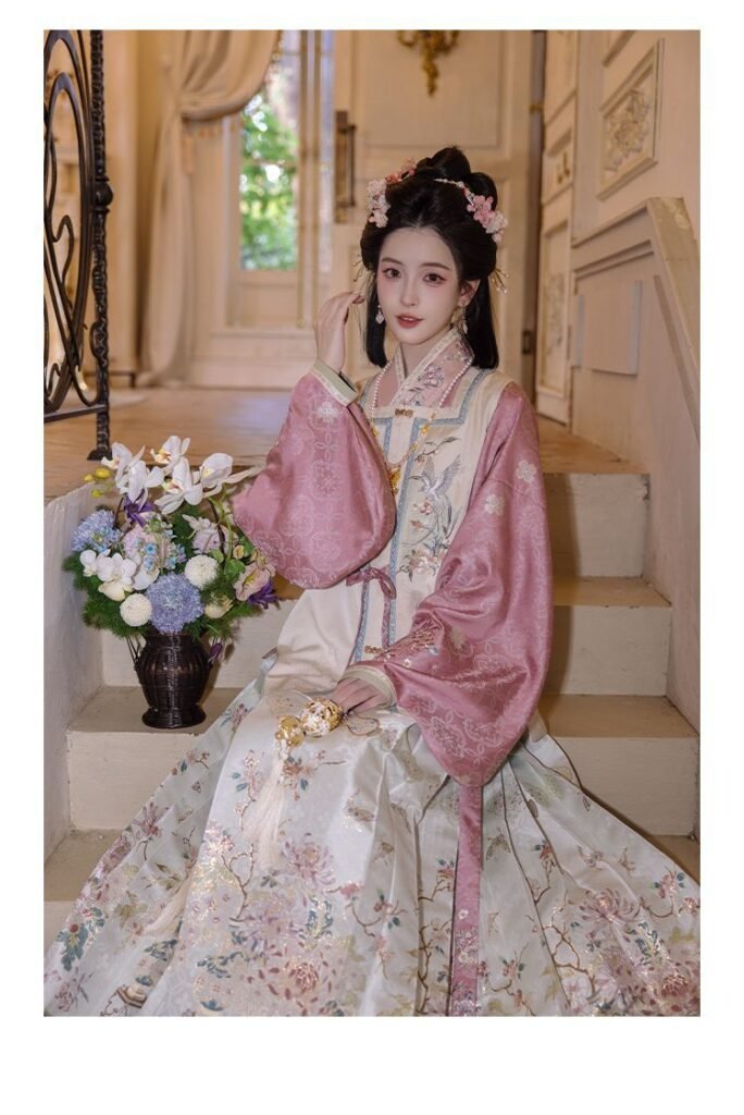 Frost Pink Ming Dynasty Hanfu, pipa sleeve blouse, embroidered vest and woven gold horse face skirt