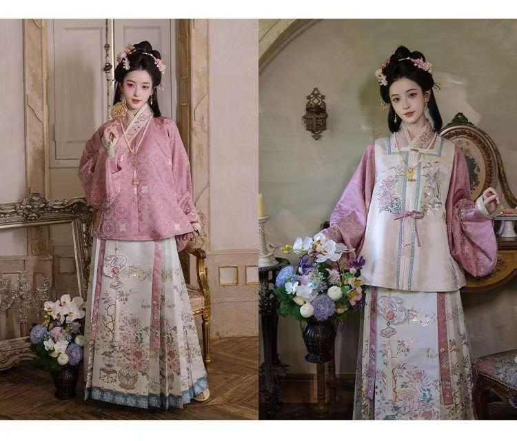Frost Pink Ming Dynasty Hanfu, pipa sleeve blouse, embroidered vest and woven gold horse face skirt