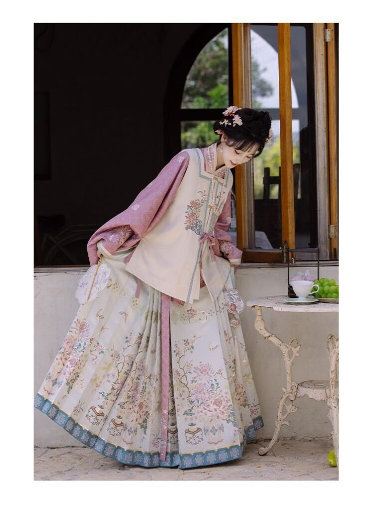 Frost Pink Ming Dynasty Hanfu, pipa sleeve blouse, embroidered vest and woven gold horse face skirt