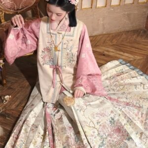 Frost Pink Ming Dynasty Hanfu, pipa sleeve blouse, embroidered vest and woven gold horse face skirt