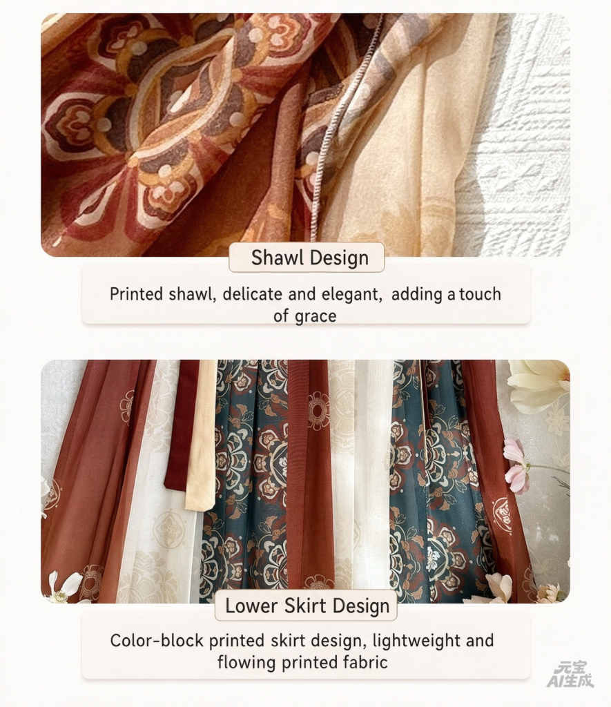 Tang Dynasty Qixiong Ruqun hanfu printed shawl and long skirt fabric detail, Liu Guang Golden Banquet hanfu