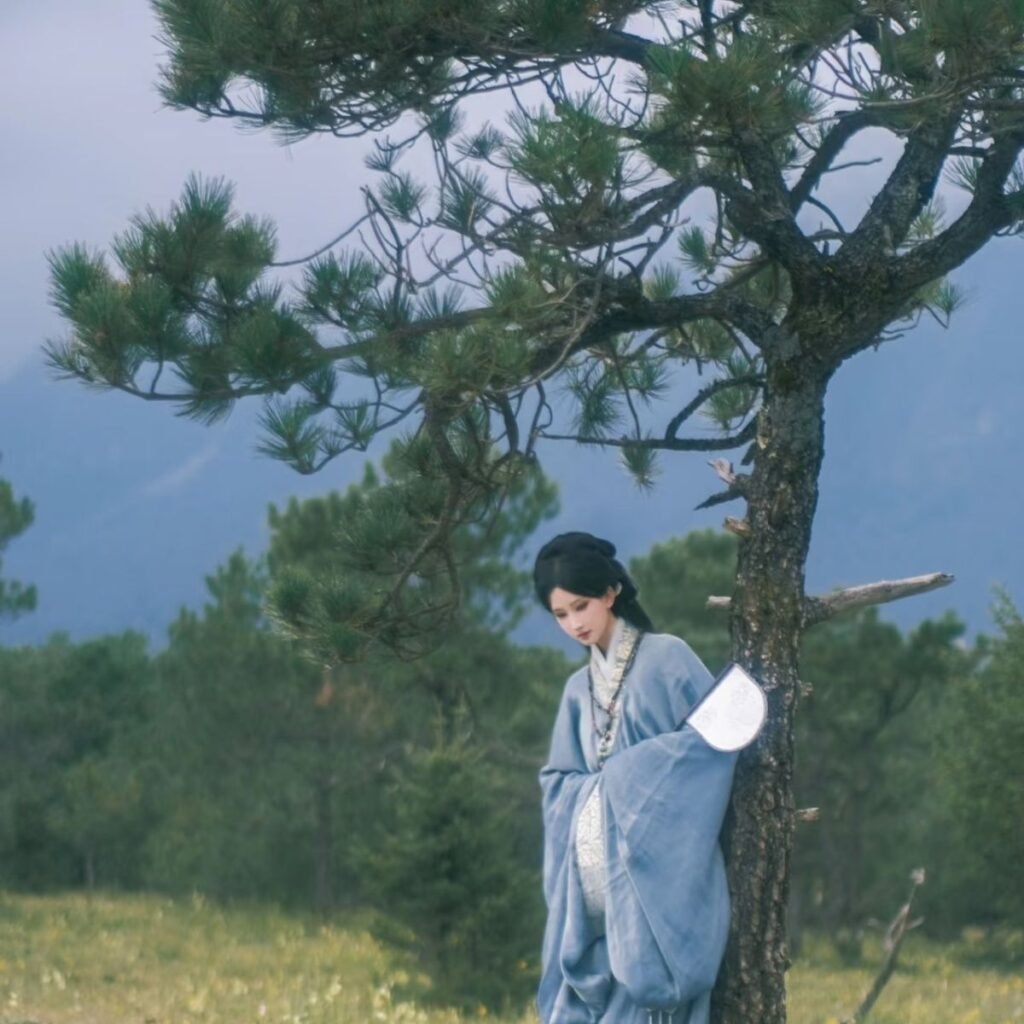 Authentic Mashan Chu Tomb Han Dynasty restoration Hanfu 3-piece wide sleeve robe, blue Hanfu full body model shooting