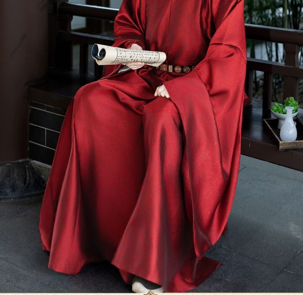 Men's red ZhuangYuanLang Ming Dynasty round collar robe hanfu set, ancient Chinese scholar-official jacquard costume