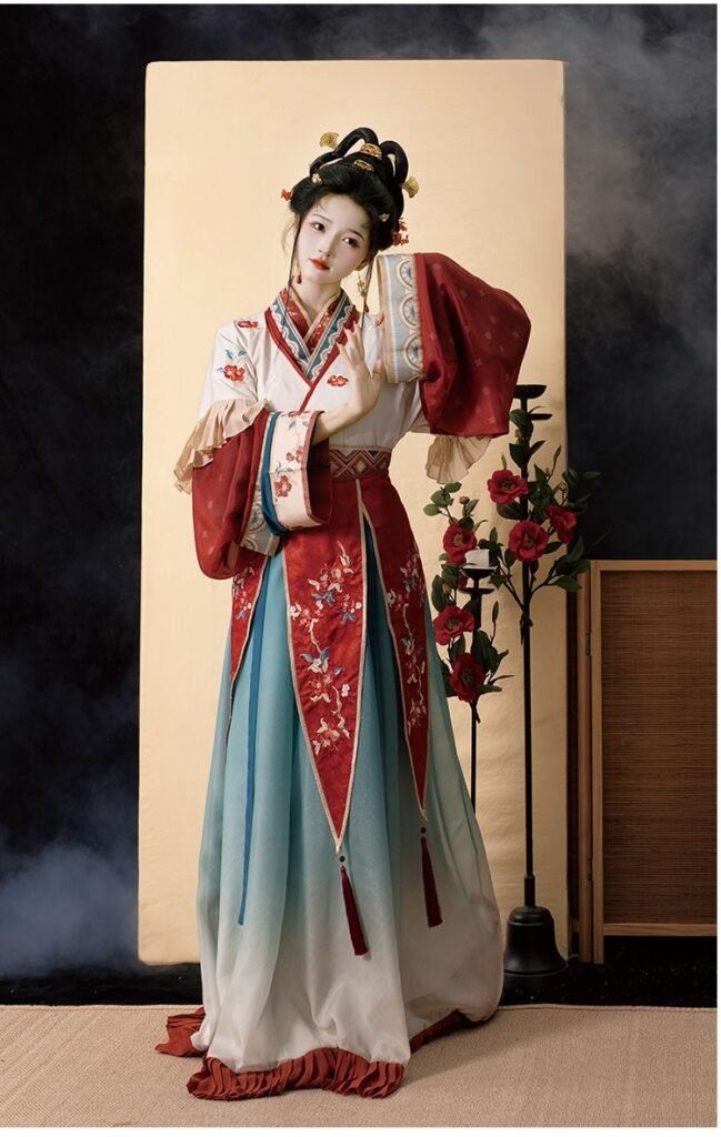 Floral embroidery tassel ribbon detail of Wei-Jin Dynasty Miaoyu Hanfu set, red peony flower hand embroidery decoration