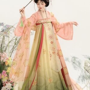 Model wearing gradient pink yellow Tang style Qi Xiong Ruqun Hanfu with floral embroidery, Samius Global