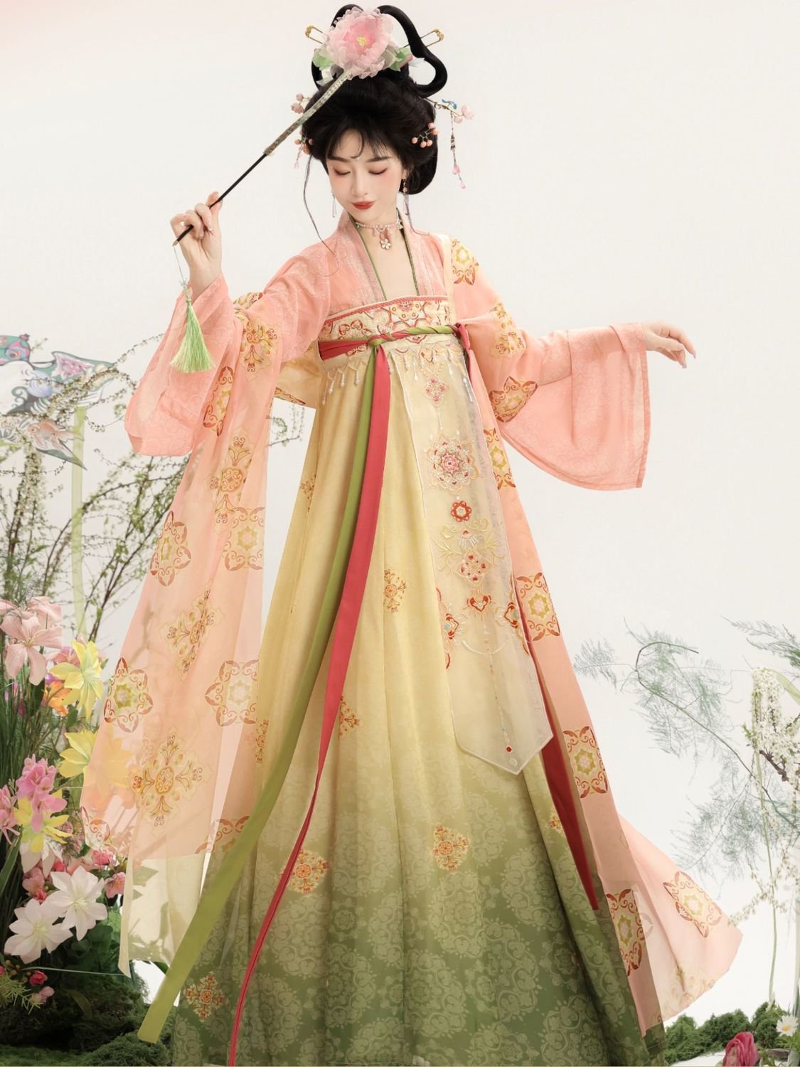 Model wearing gradient pink yellow Tang style Qi Xiong Ruqun Hanfu with floral embroidery, Samius Global