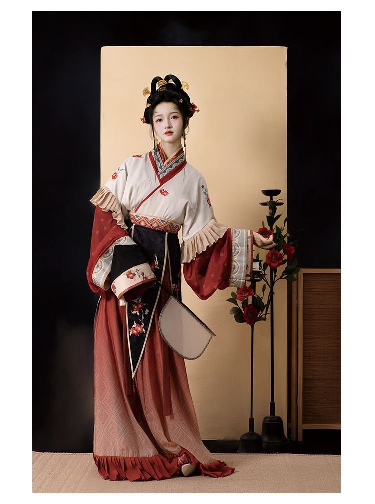 Floral embroidery tassel ribbon detail of Wei-Jin Dynasty Miaoyu Hanfu set, red peony flower hand embroidery decoration