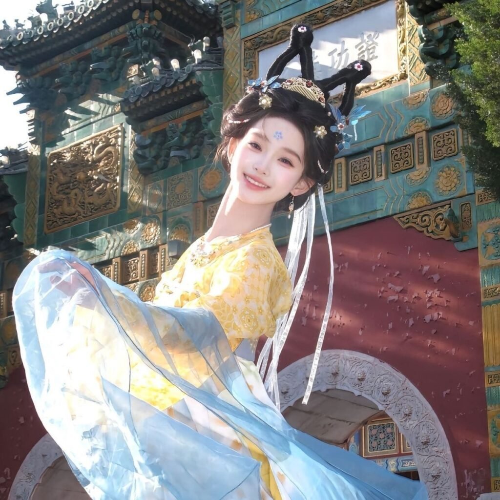 Young lady wearing Moon Laurel restored Tang Dynasty Qixiong Ruqun hanfu set, yellow chiffon hanfu with blue shawl holding pipa by lake
