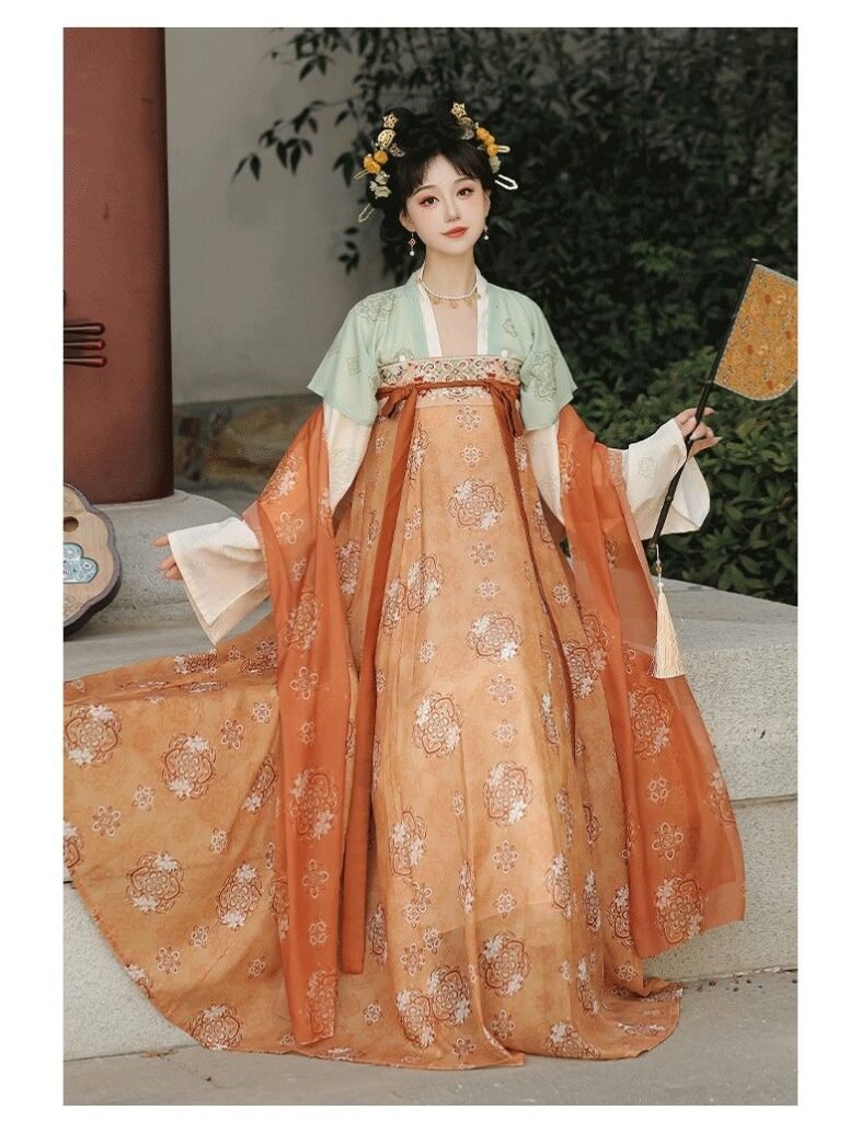 Spring Porcelain Tang Dynasty Qixiong Ruqun heavy embroidered hanfu full model shot, fairy style traditional Chinese costume