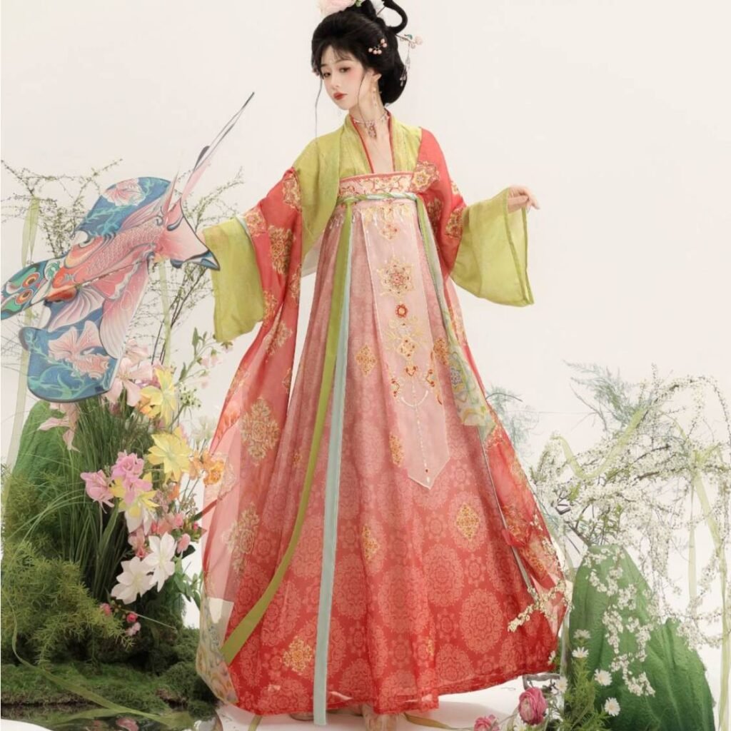 Model wearing gradient pink yellow Tang style Qi Xiong Ruqun Hanfu with floral embroidery, Samius Global