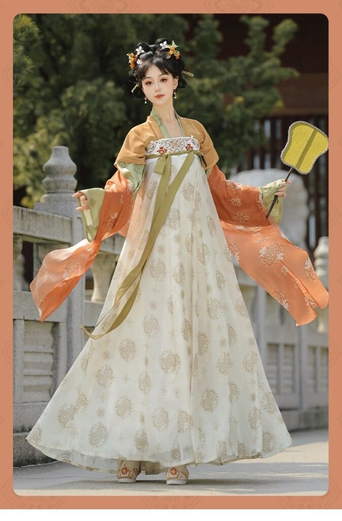 Spring Porcelain Tang Dynasty Qixiong Ruqun heavy embroidered hanfu full model shot, fairy style traditional Chinese costume