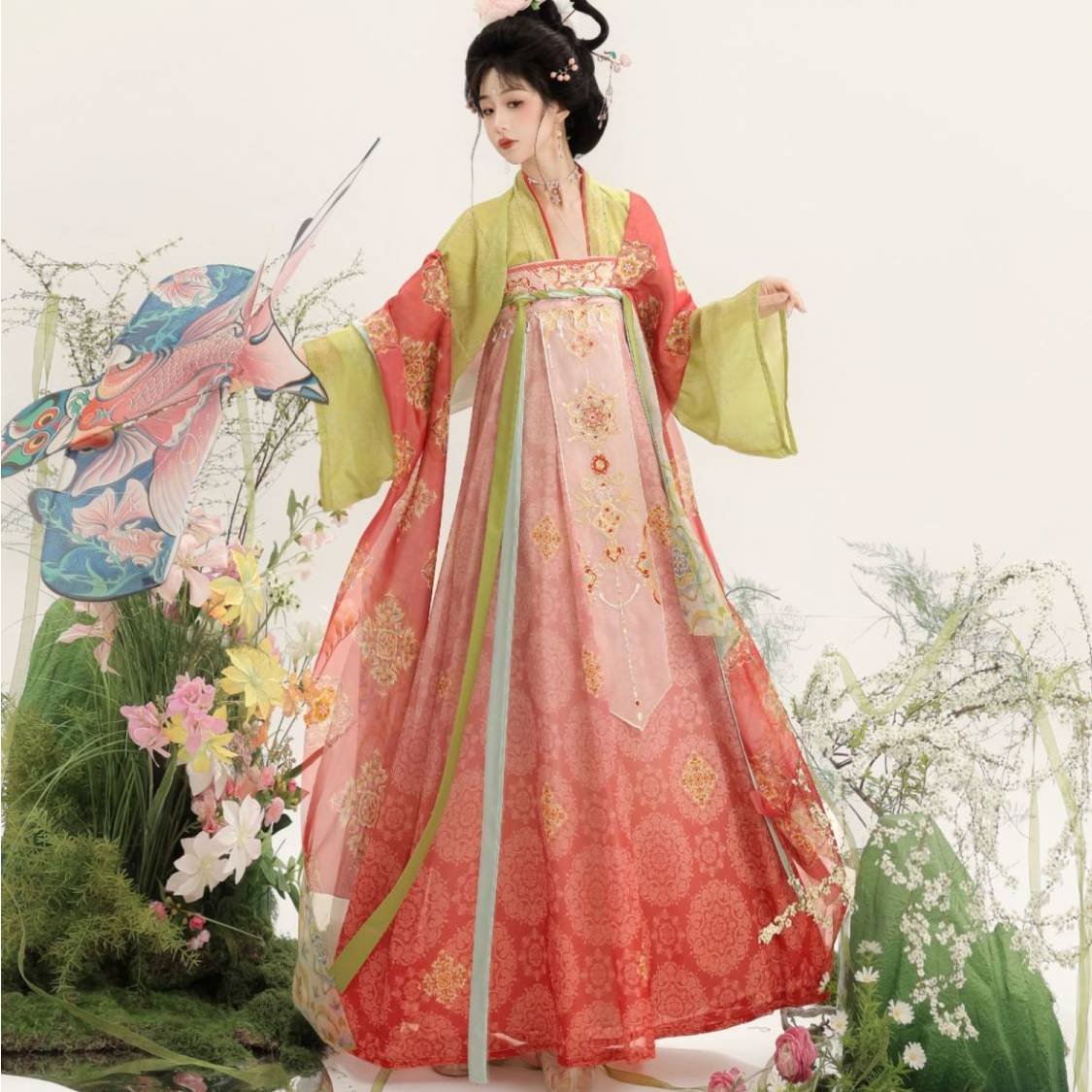 Model wearing gradient pink yellow Tang style Qi Xiong Ruqun Hanfu with floral embroidery, Samius Global