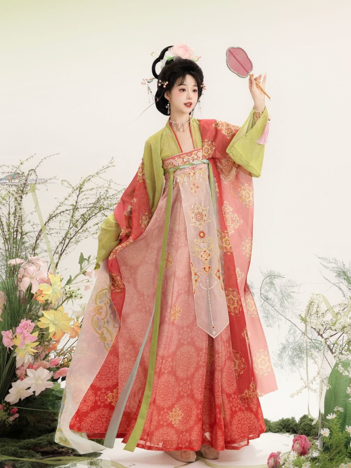 Model wearing gradient pink yellow Tang style Qi Xiong Ruqun Hanfu with floral embroidery, Samius Global