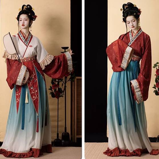 Floral embroidery tassel ribbon detail of Wei-Jin Dynasty Miaoyu Hanfu set, red peony flower hand embroidery decoration