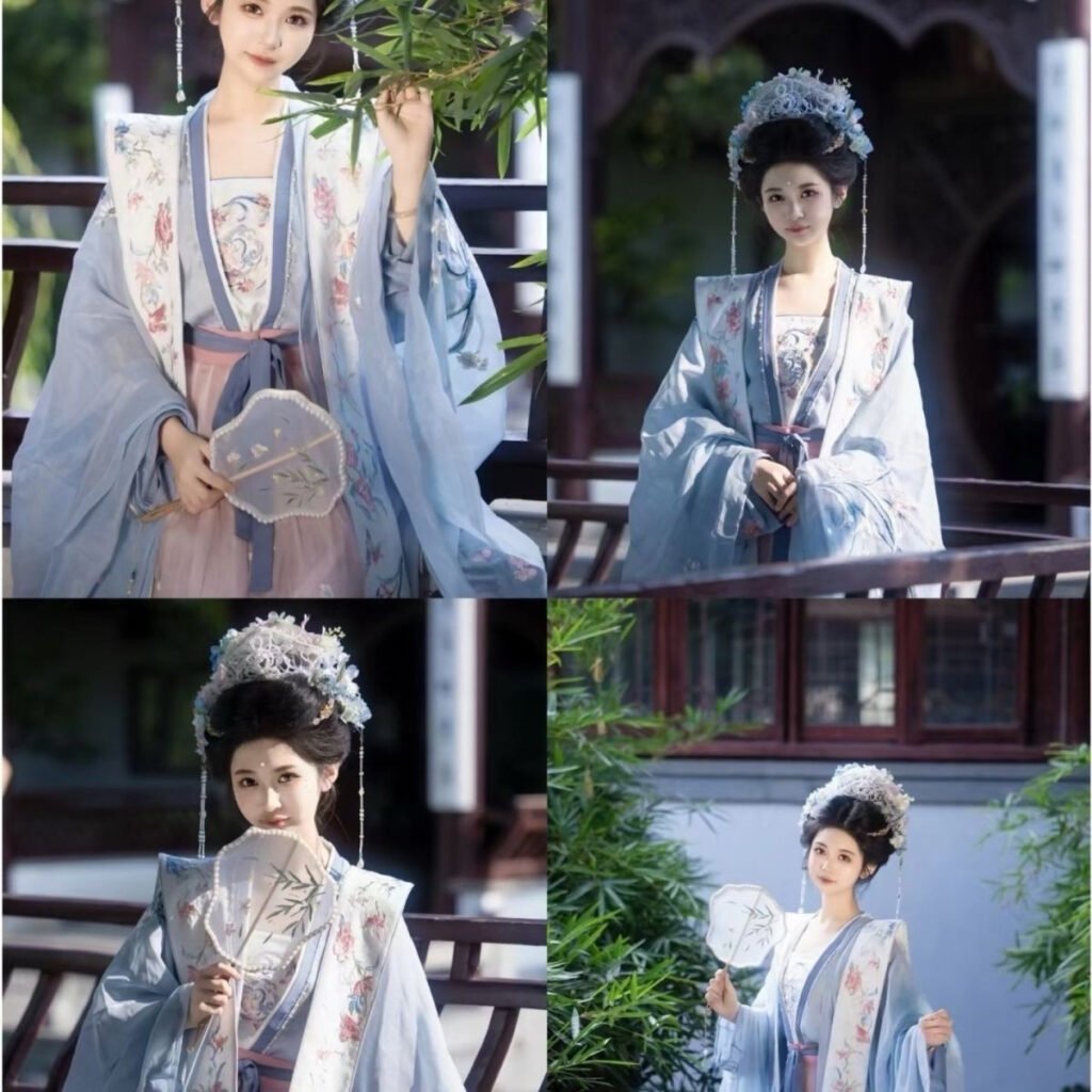Pure Peace Joy Song Dynasty Hanfu 5-piece set with heavy floral embroidery and xiapei shawl, light blue wide-sleeve outer robe with pink Qiyao skirt, traditional Chinese vintage costume for photoshoot