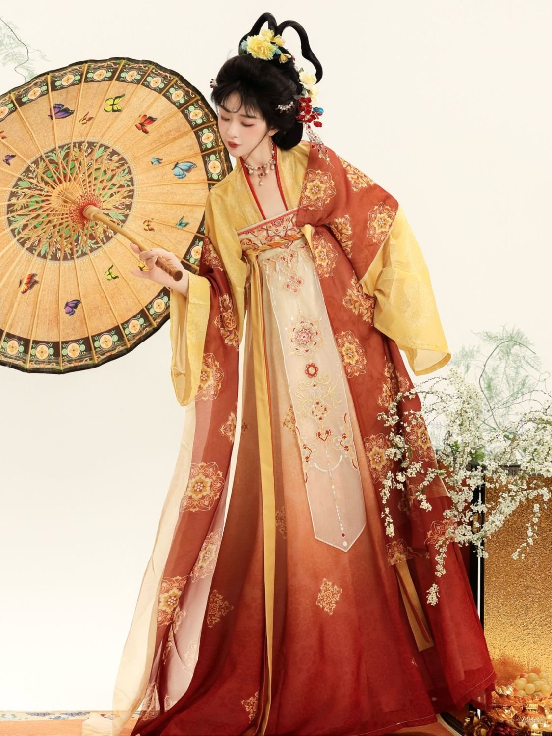 Model wearing gradient pink yellow Tang style Qi Xiong Ruqun Hanfu with floral embroidery, Samius Global