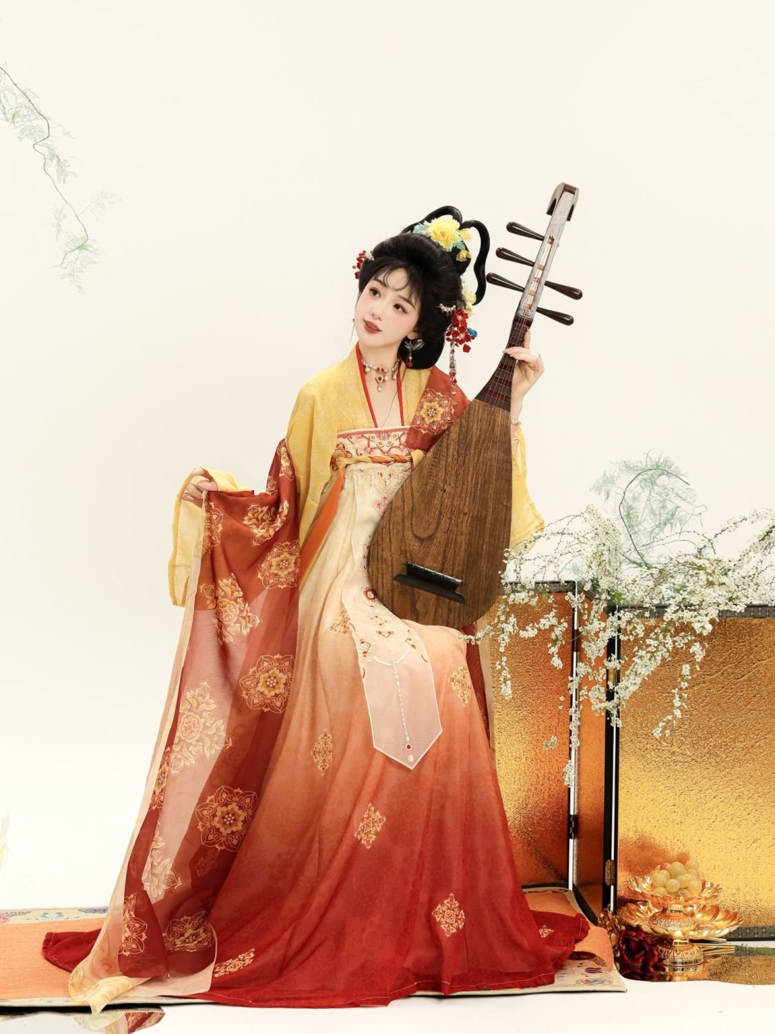 Model wearing gradient pink yellow Tang style Qi Xiong Ruqun Hanfu with floral embroidery, Samius Global