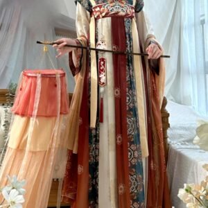Tang Dynasty Qixiong Ruqun hanfu printed shawl and long skirt fabric detail, Liu Guang Golden Banquet hanfu