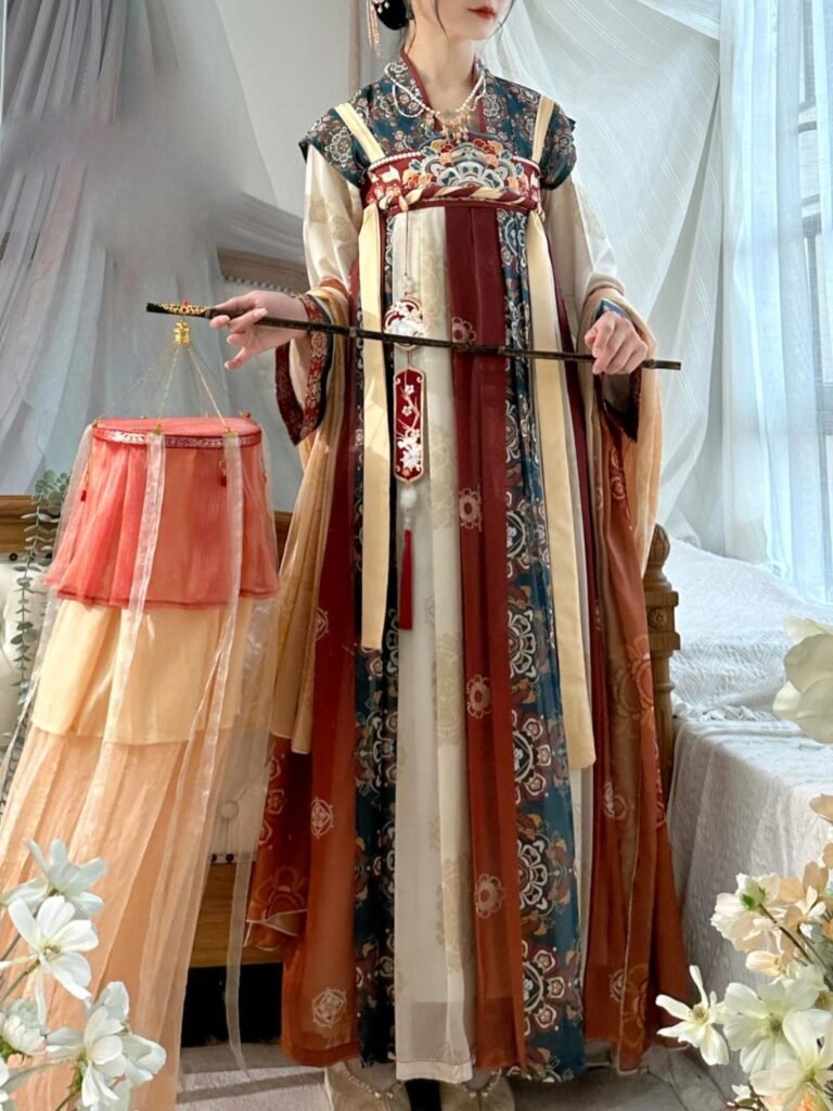 Tang Dynasty Qixiong Ruqun hanfu printed shawl and long skirt fabric detail, Liu Guang Golden Banquet hanfu