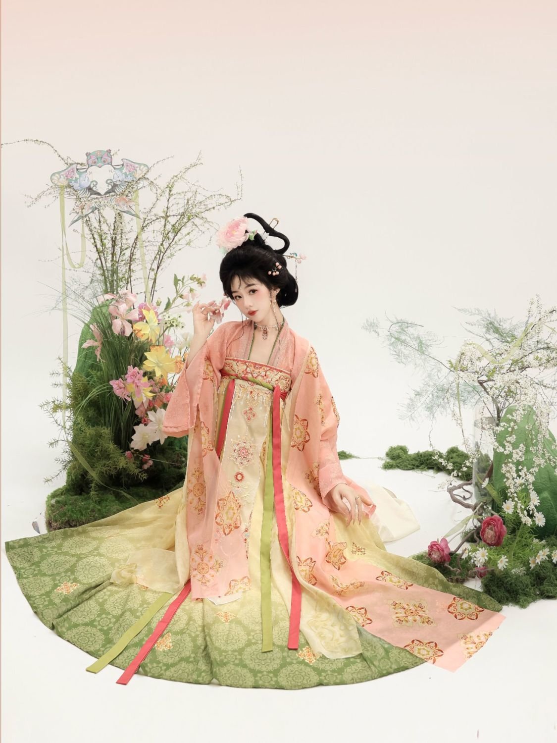 Model wearing gradient pink yellow Tang style Qi Xiong Ruqun Hanfu with floral embroidery, Samius Global
