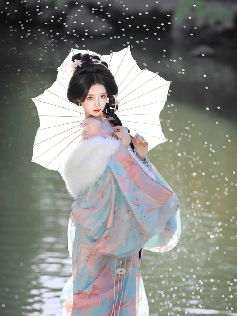 Young lady wearing Jiao Jiao restored Wei-Jin Dynasty wide sleeve straight robe hanfu 3-piece set, outdoor ancient architecture photoshoot