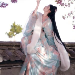 Young lady wearing Jiao Jiao restored Wei-Jin Dynasty wide sleeve straight robe hanfu 3-piece set, outdoor ancient architecture photoshoot