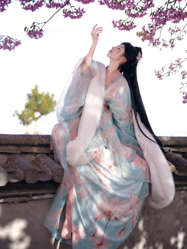 Young lady wearing Jiao Jiao restored Wei-Jin Dynasty wide sleeve straight robe hanfu 3-piece set, outdoor ancient architecture photoshoot