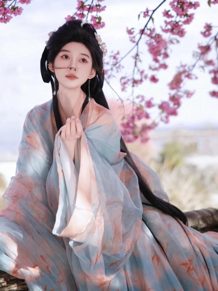 Young lady wearing Jiao Jiao restored Wei-Jin Dynasty wide sleeve straight robe hanfu 3-piece set, outdoor ancient architecture photoshoot