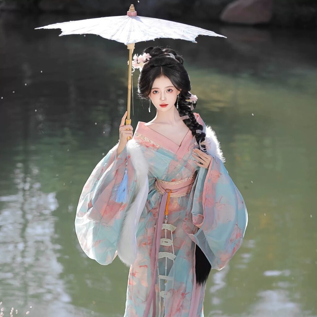 Young lady wearing Jiao Jiao restored Wei-Jin Dynasty wide sleeve straight robe hanfu 3-piece set, outdoor ancient architecture photoshoot