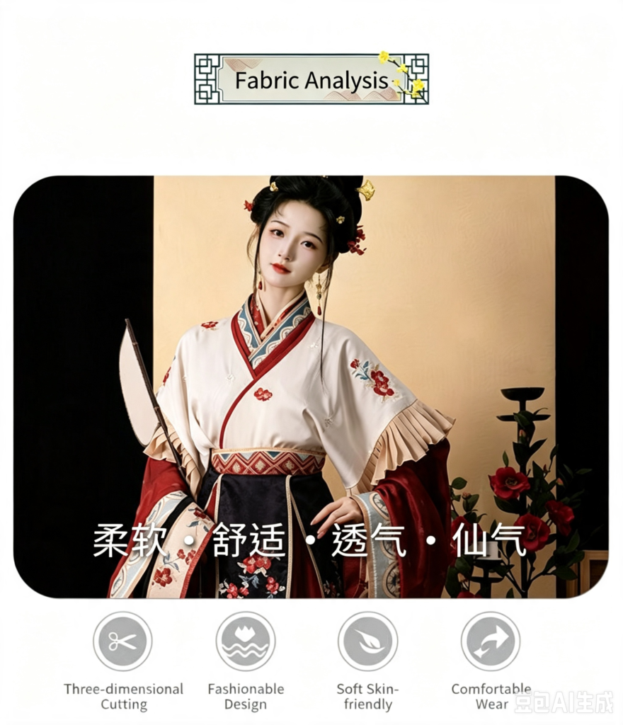Floral embroidery tassel ribbon detail of Wei-Jin Dynasty Miaoyu Hanfu set, red peony flower hand embroidery decoration