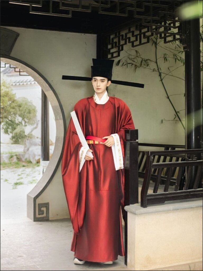 Men's red ZhuangYuanLang Ming Dynasty round collar robe hanfu set, ancient Chinese scholar-official jacquard costume