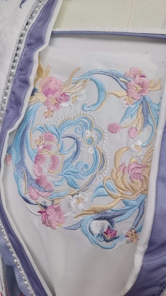 Pure Peace Joy Song Dynasty Hanfu 5-piece set with heavy floral embroidery and xiapei shawl, light blue wide-sleeve outer robe with pink Qiyao skirt, traditional Chinese vintage costume for photoshoot
