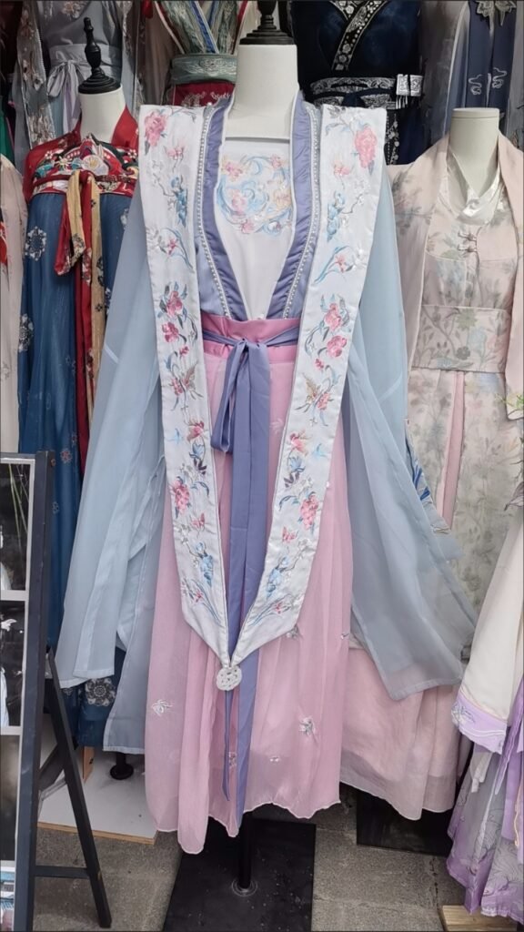 Pure Peace Joy Song Dynasty Hanfu 5-piece set with heavy floral embroidery and xiapei shawl, light blue wide-sleeve outer robe with pink Qiyao skirt, traditional Chinese vintage costume for photoshoot