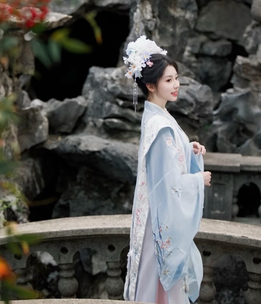 Pure Peace Joy Song Dynasty Hanfu 5-piece set with heavy floral embroidery and xiapei shawl, light blue wide-sleeve outer robe with pink Qiyao skirt, traditional Chinese vintage costume for photoshoot