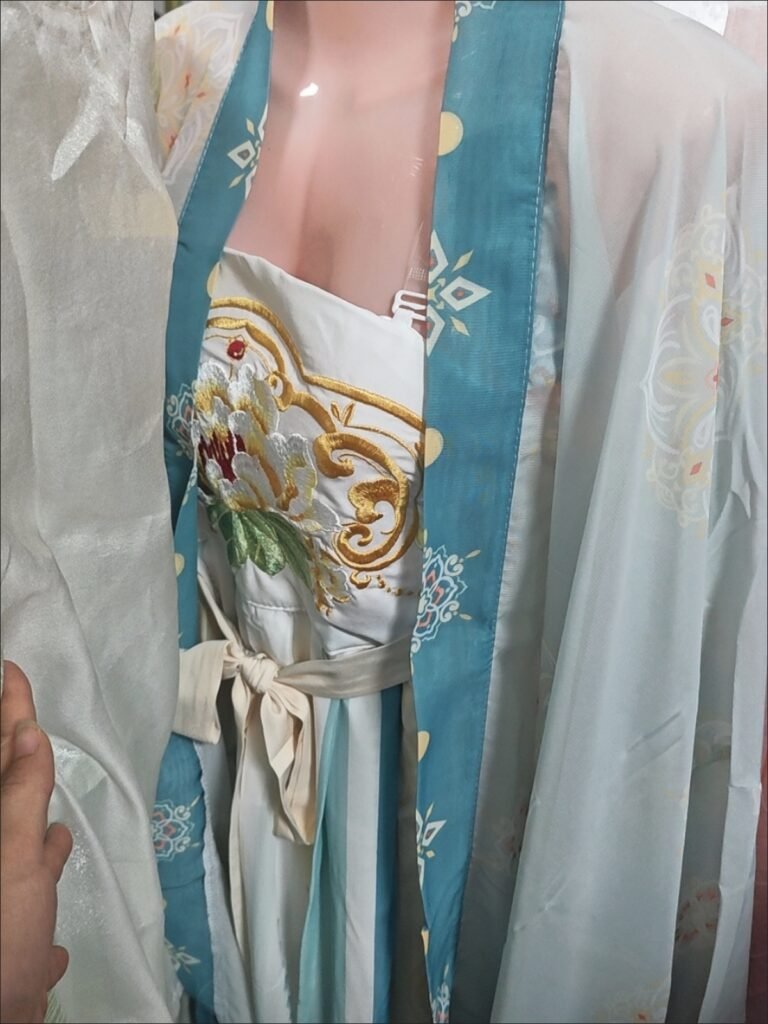 Pure Peace Joy Song Dynasty Hanfu 5-piece set with heavy floral embroidery and xiapei shawl, light blue wide-sleeve outer robe with pink Qiyao skirt, traditional Chinese vintage costume for photoshoot
