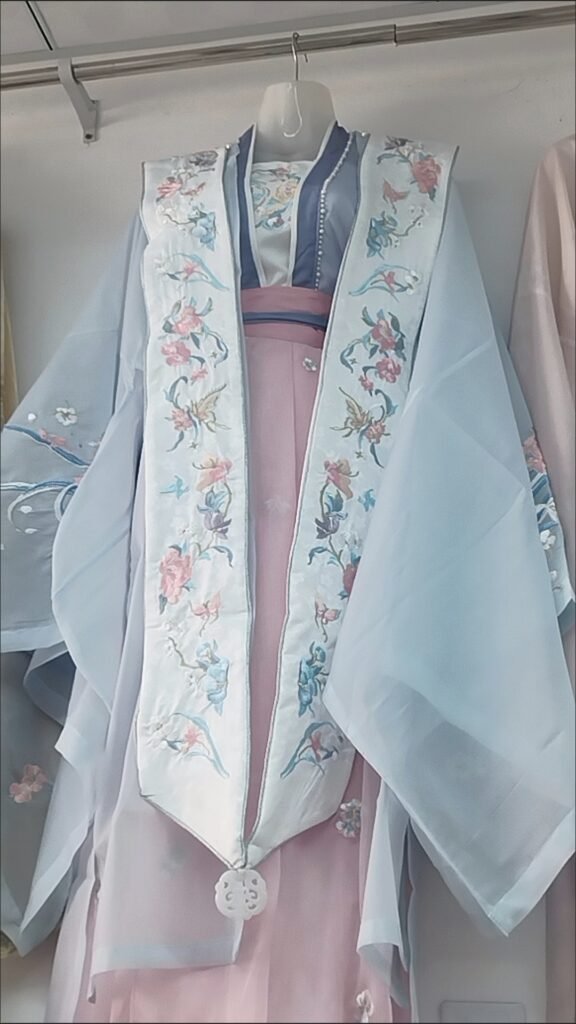 Pure Peace Joy Song Dynasty Hanfu 5-piece set with heavy floral embroidery and xiapei shawl, light blue wide-sleeve outer robe with pink Qiyao skirt, traditional Chinese vintage costume for photoshoot
