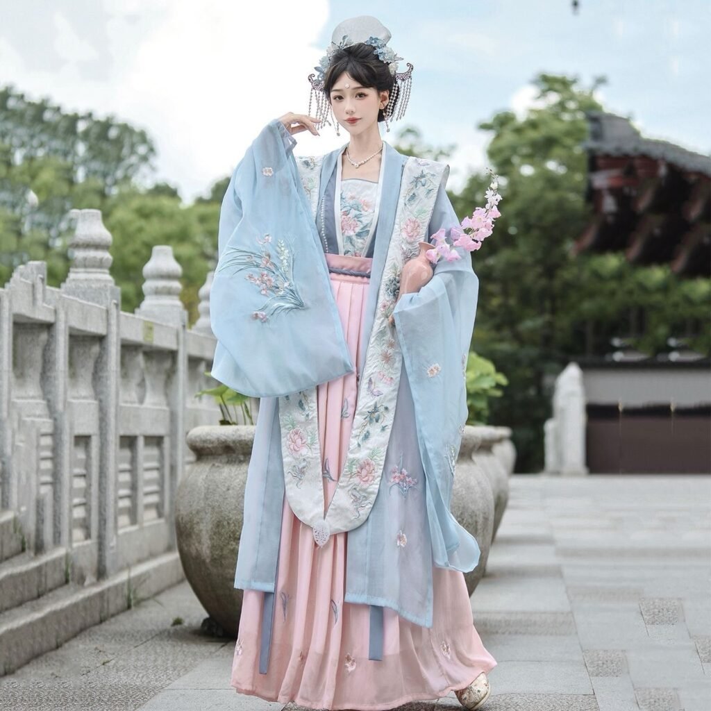 Pure Peace Joy Song Dynasty Hanfu 5-piece set with heavy floral embroidery and xiapei shawl, light blue wide-sleeve outer robe with pink Qiyao skirt, traditional Chinese vintage costume for photoshoot