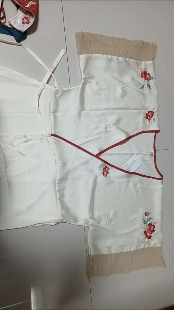 Floral embroidery tassel ribbon detail of Wei-Jin Dynasty Miaoyu Hanfu set, red peony flower hand embroidery decoration