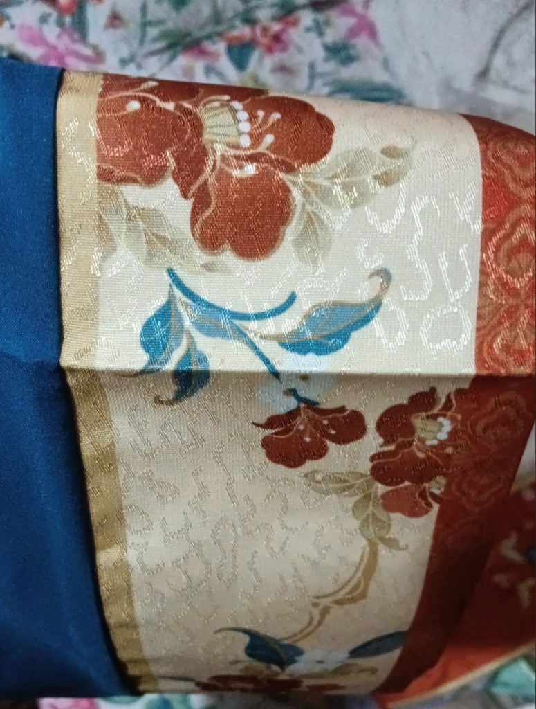 Floral embroidery tassel ribbon detail of Wei-Jin Dynasty Miaoyu Hanfu set, red peony flower hand embroidery decoration