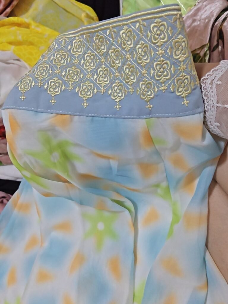 Young lady wearing Moon Laurel restored Tang Dynasty Qixiong Ruqun hanfu set, yellow chiffon hanfu with blue shawl holding pipa by lake