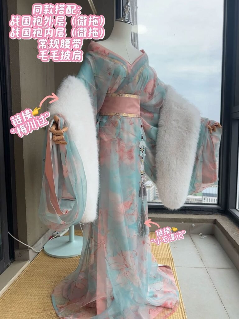 Young lady wearing Jiao Jiao restored Wei-Jin Dynasty wide sleeve straight robe hanfu 3-piece set, outdoor ancient architecture photoshoot