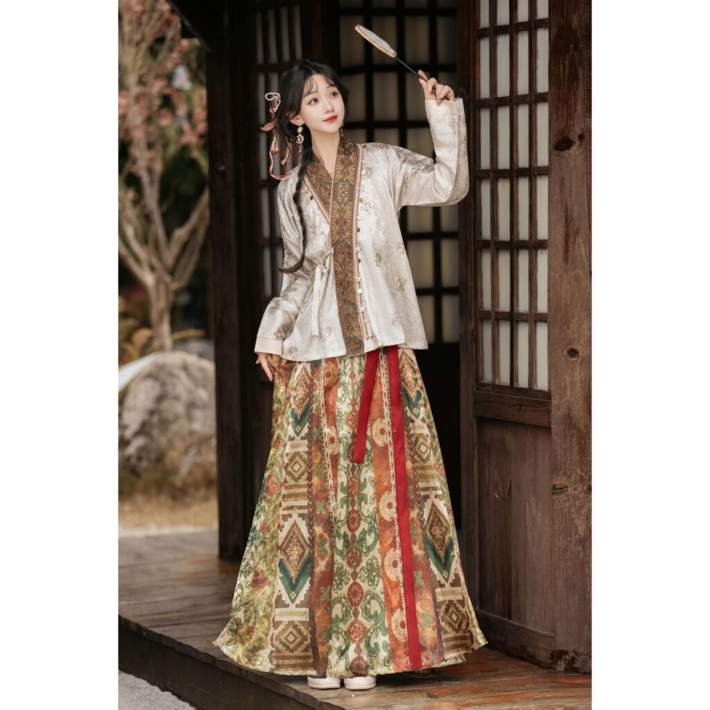 Women Ming dynasty hanfu set, jacquard cross-collar top and 8-piece broken skirt, new chinese daily outfit